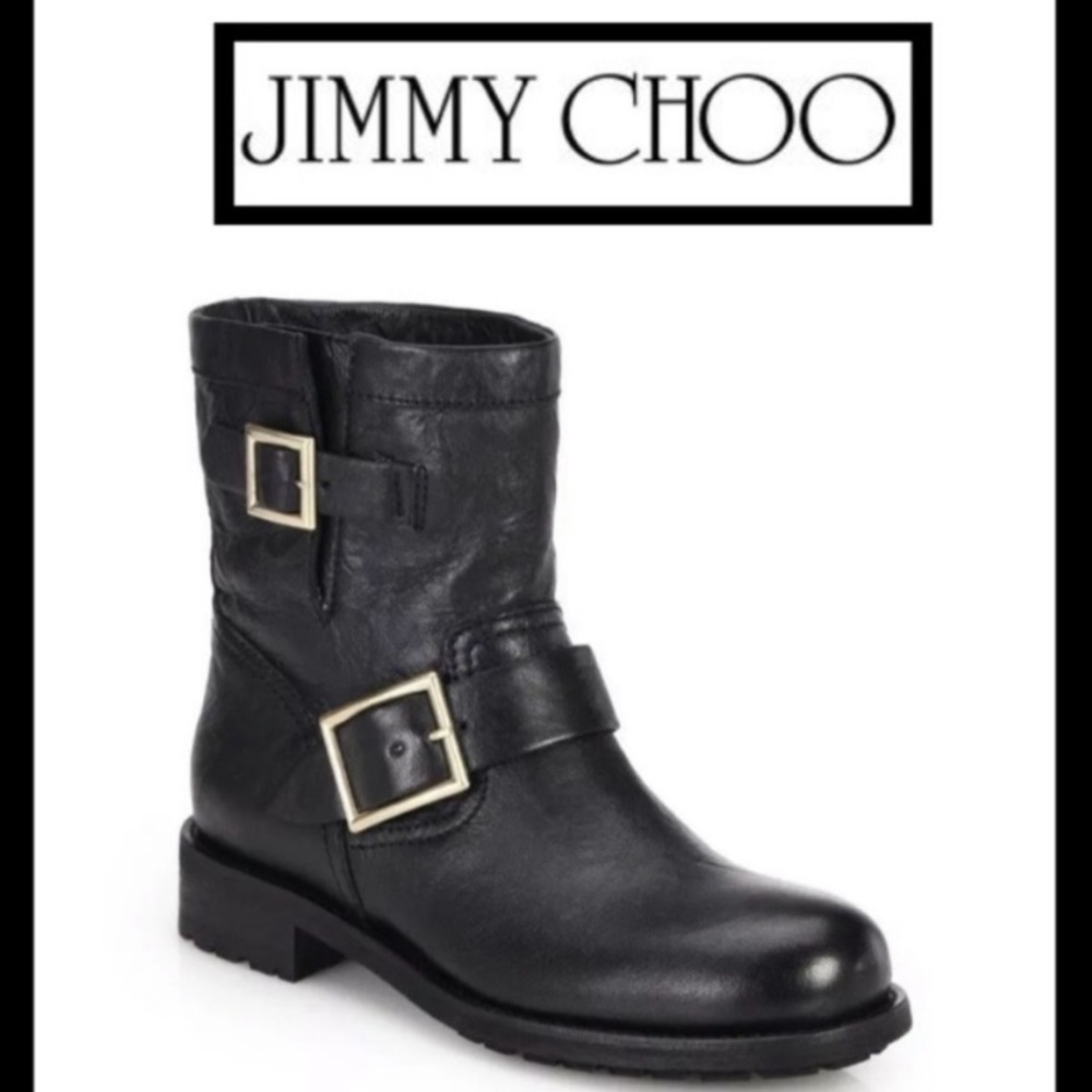 NEW IN BOX AUTHENTIC Black Jimmy Choo Youth Leather Biker Boots 5.5 US